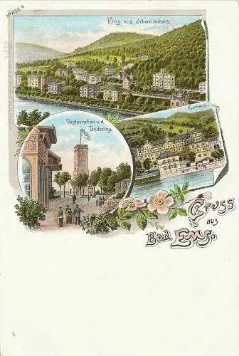[Lithographie] AK Bad Ems Lahn Schweizerhaus Restauration Bederley Mehrbild-Farblitho ~1900. 