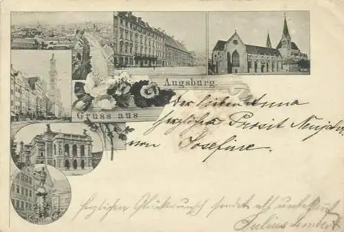 [Lithographie] Mehrbild-Litho Augsburg 6 Bilder + Blumendekor 1897. 