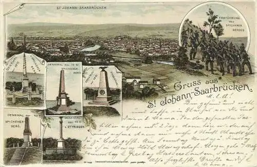 [Lithographie] AK Saarbrücken St. Johann Gruss aus Mehrbild Farblitho 1897. 