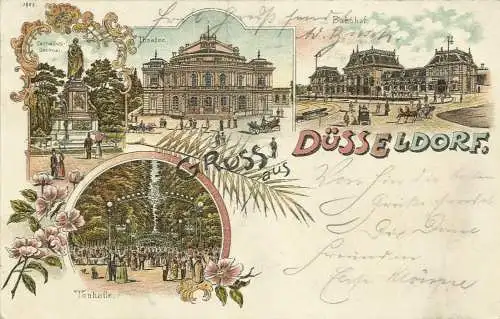 [Lithographie] AK Düsseldorf Mehrbild-Farblitho + Bahnhof 1901. 