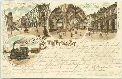 [Lithographie] AK Stuttgart Mehrbild-Farblitho Bahnhof mit Eisenbahn 1900. 