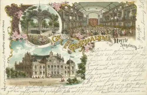 [Lithographie] AK Augsburg Festsaalbau Mehrbild-Farblitho 1897. 