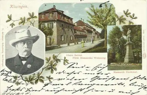 [Lithographie] AK Bad Kissingen Bismarck Denkmal Obere Saline Autochrom 1902. 