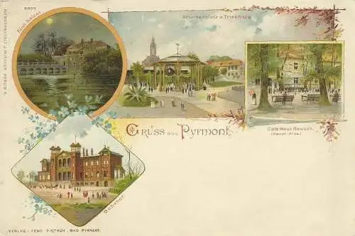 [Lithographie] AK Bad Pyrmont Mehrbild-Farblitho Bahnhof Café-Haus Reusch ~1900. 