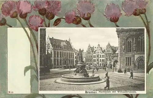 [Lithographie] AK Bremen Marktplatz Wilhadibrunnen Dekor ~1900. 