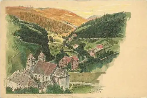 [Lithographie] Farblitho-Ansichtskarte Künstler Langhein, Bad Rippoldsau Klösterle. 