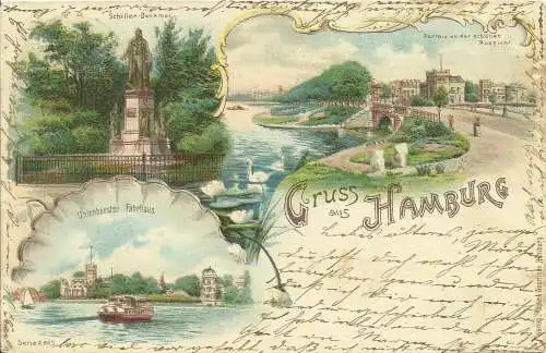 [Lithographie] AK Hamburg Mehrbild-Farblitho 3 Ansichten mit Dekor 1898. 