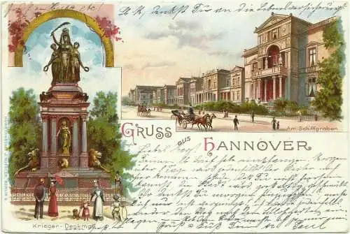 [Lithographie] AK Hannover Zweibild-Farblitho Kriegerdenkmal + Am Schiffgraben 1898. 