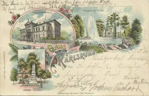 [Lithographie] AK Karlsruhe Mehrbild-Farblitho 3 Motive mit Generalcommando 1899. 