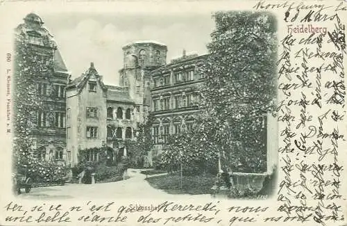 [Lithographie] Zweibild-Farblitho Heidelberg Gasthof Hirsch + Ortsansicht ~1900. 