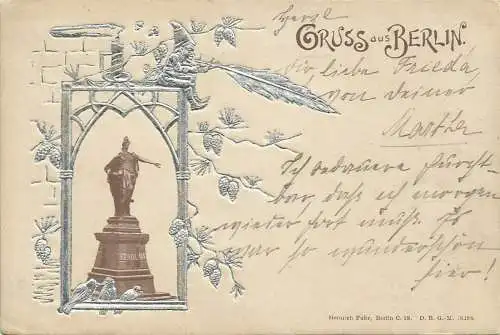 [Lithographie] AK Berlin Berolina Zwerg Feder Silber- Prägedruck 1899. 