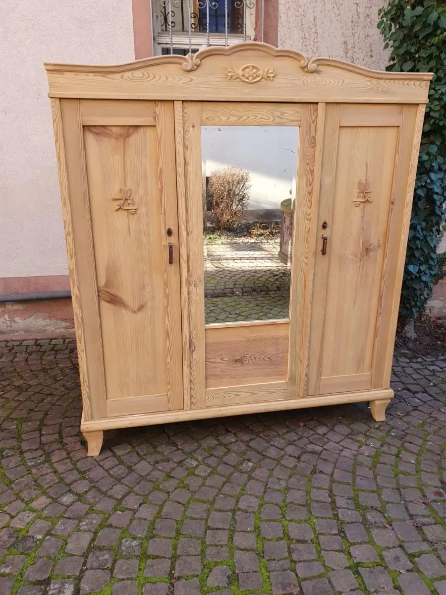 Antiker Schrank Holz Spiegelschrank Weichholz Natur Restauriert 11