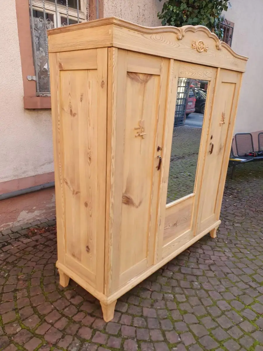 Antiker Schrank Holz Spiegelschrank Weichholz Natur Restauriert 3