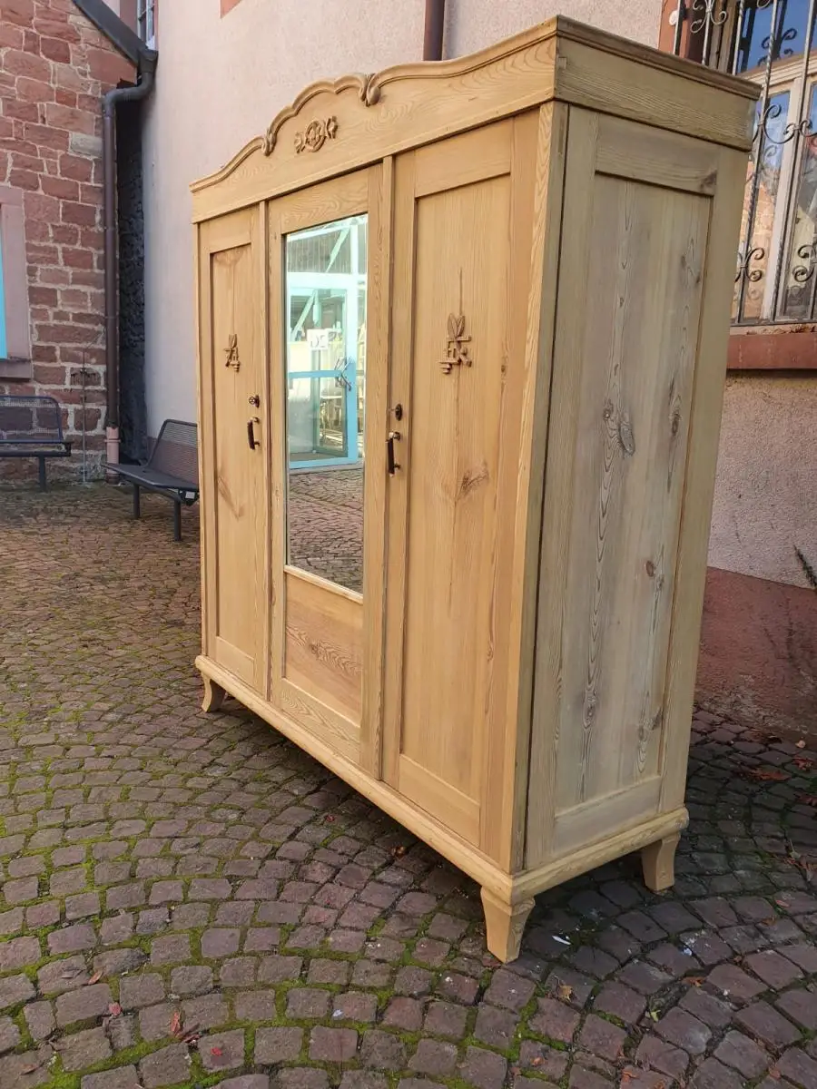 Antiker Schrank Holz Spiegelschrank Weichholz Natur Restauriert 5