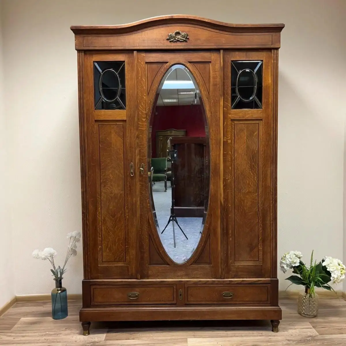 Kleiderschrank I Antik I Jugendstil I Bleiverglasung I Messing 0