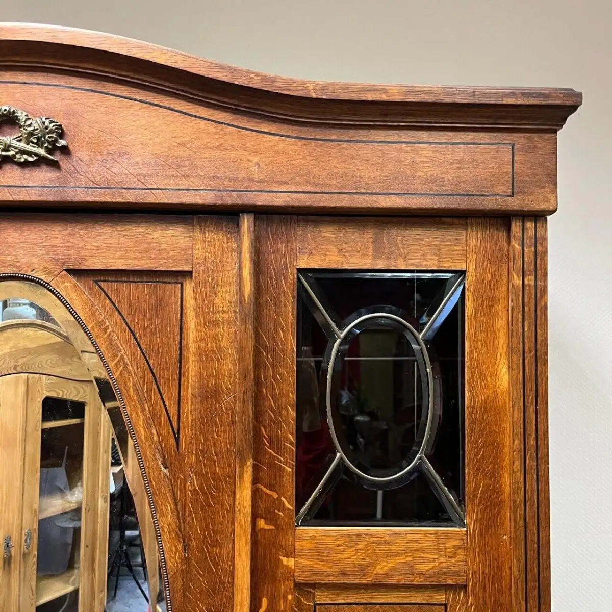 Kleiderschrank I Antik I Jugendstil I Bleiverglasung I Messing 22