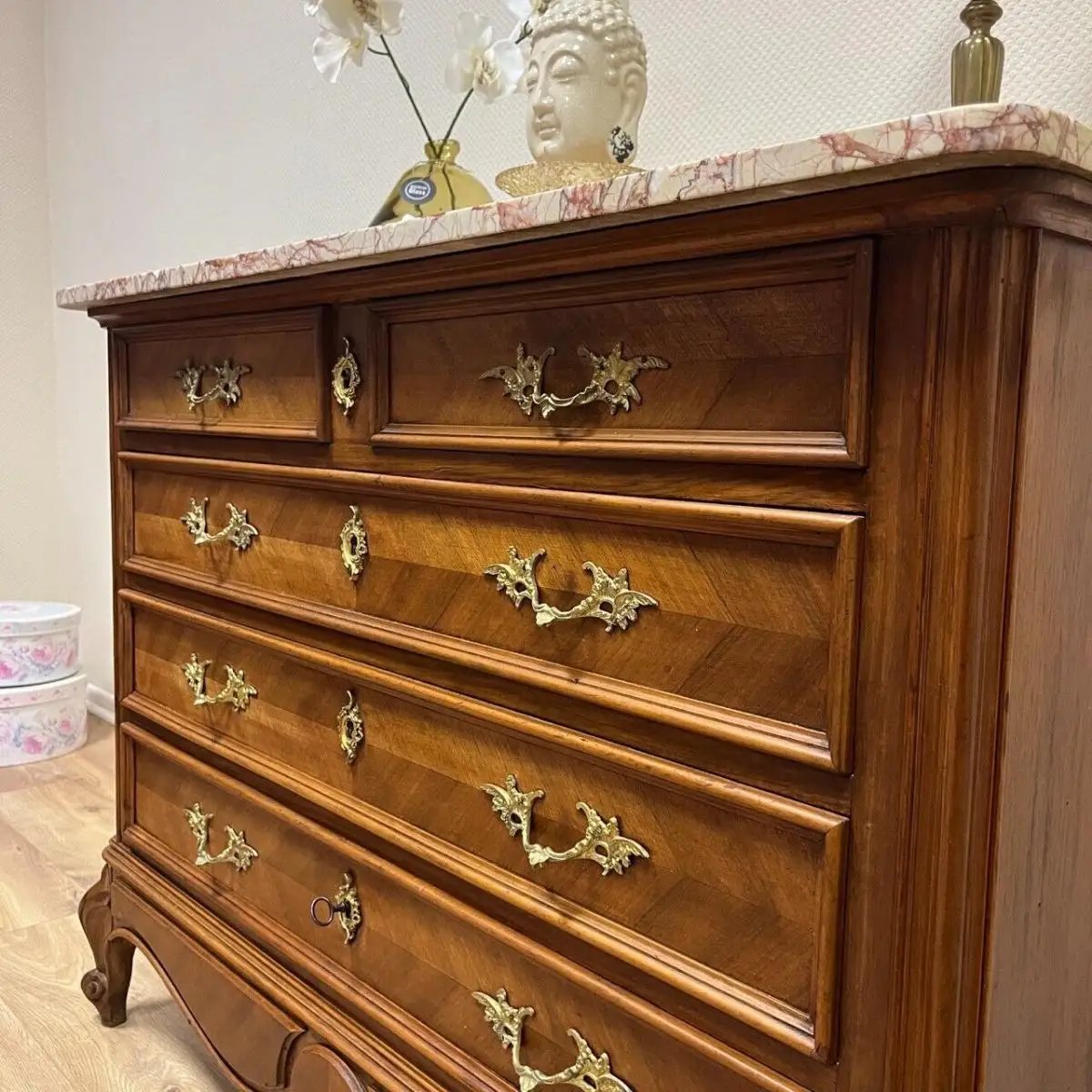 Antike Kommode mit Marmorplatte I Louis XV um 1900 I Nussbaum 10