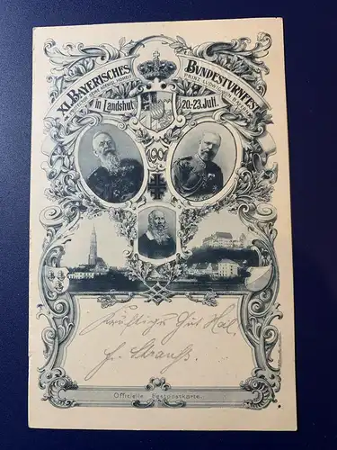 [Lithographie] XI. Bayerisches Bundesturnfest
Protector seine koenigl. Hoheit Prinz Ludwig von Bayern
in Landshut 20.-23. Juli 1901
Officielle Festpostkarte. 