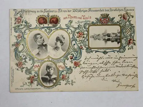 [Lithographie] Zur Erinnerung an die Festfeier zu Ehren der 150jährigen Anwesenheit des fürstlichen Hauses von Thurn und Taxis in Regensburg.
1748 - 1898. 