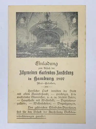 [Vorläufer - Correspondenzkarten mit keinen oder nur kleinen Bildaufdrucken] Einladung zum Besuch der Allgemeinen Gartenbau Ausstellung in Hamburg 1897 Mai-October. 