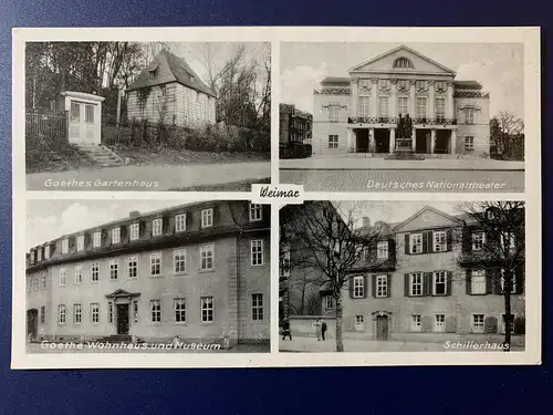[Echtfotokarte schwarz/weiß] Weimar, Goethes Gartenhaus, Deutsches Nationaltheater, Goethe-Wohnhaus und Museum, Schillerhaus. 