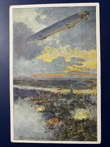 [Propagandapostkarte] "Zeppelin über Antwerpen" nach einem Gemälde von Kunstmaler Themistokles von Eckenbrecher, Berlin, 1914

Deutscher Luftflotten-Verein. 