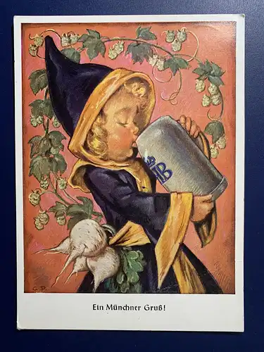 [Künstlerpostkarte reproduziert] Ein Münchner Gruß! Mit Stempel "Aufgabeort Hofbräuhaus München", 1972. 