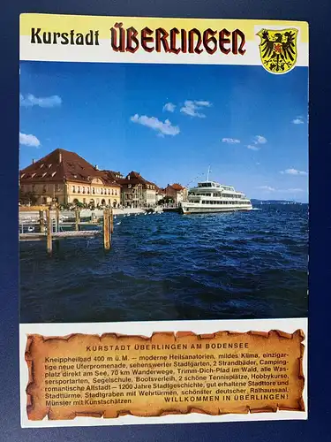[Echtfotokarte farbig] Kurstadt Überlingen mit Wappen und Stadtbeschreibung. 