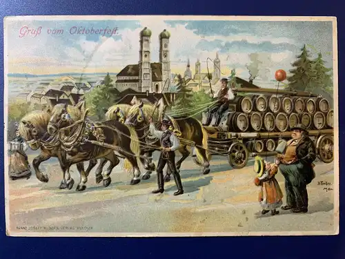 [Künstlerpostkarte reproduziert] Gruß vom Oktoberfest, 1913
Prägedruck, gelaufen mit Poststempel vom 29.09.1913 von München nach Heidelberg, frankiert mit Mi.Nr. 77 (5 Pfg.)
Sehr gut erhalten, Stempel gut lesbar. 