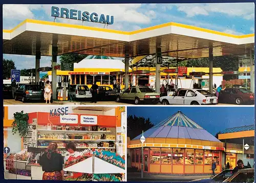 [Echtfotokarte farbig] Autobahntankstelle Breisgau, ungelaufen, stammt wohl aus den 80´er Jahren (PKW Modelle, Kleidung, Frisuren). 