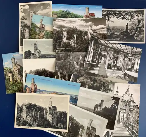 [Ansichtskarte] 16 Ansichtskarten von Schloß Lichtenstein aus dem Zeitraum 1936 bis 1972 (soweit nachvollziehbar), ggf. auch älter.
Überwiegend S/W, alle Karten sind sehr gut erhalten, der Preis gilt für alle AK incl. Versandkosten!. 
