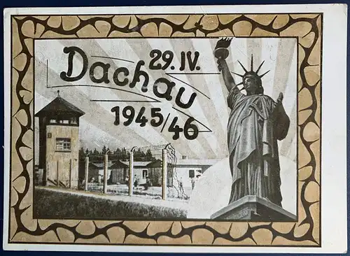 [Ansichtskarte] Gedenkkarte, Tag der Befreiung KZ Dachau, 1946
Sonderstempel 29.04.1946, ungelaufen, frankiert mit Mi.Nr. 919 (Alliierte Besetzung, Gemeinschaftsausgaben).
Karte ist sehr gut erhalten, Stempel gut lesbar. 