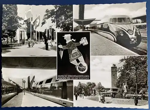 [Echtfotokarte schwarz/weiß] Deutsche Verkehrsausstellung München 1953, 20. Juni - 11. Oktober, frankiert mit Mi.Nr. 168, Sonderstempel vom 20.08.1953. 