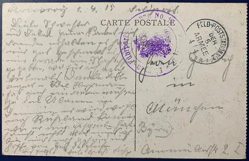 [Echtfotokarte schwarz/weiß] Gelaufen als Feldpost mit Datum 01.04.1915 von Liége nach München, Karte ist gut erhalten. 