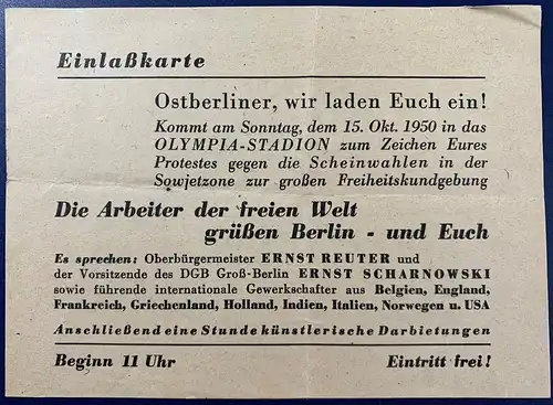 Berlin, Einlaßkarte zur großen Freiheitskundgebung, 15.10.1950