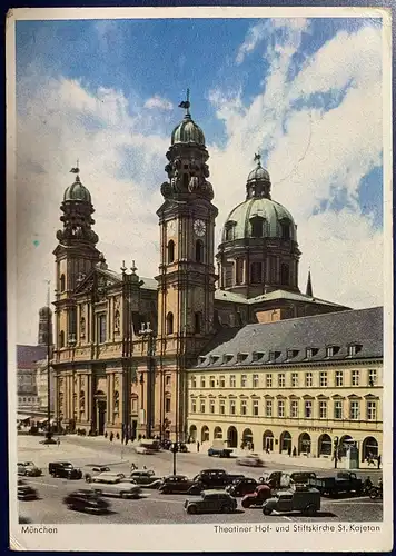 [Echtfotokarte farbig] München, Theatiner Kirche
Frankiert mit Mi.Nr. 148 (2x), entwertet mit Sonderstempel "Gastronomische Vier-Länderschau" vom 25.04.1952, gelaufen von München nach Thale/Harz (DDR). Karte ist gut erhalten, sauberer Sonderstempel. 