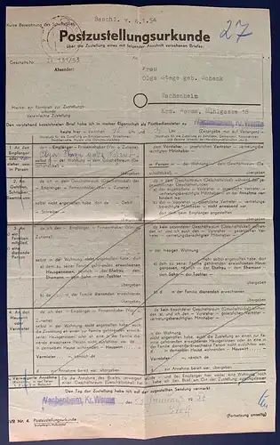 Bund, Postzustellungsurkunde, 1954
