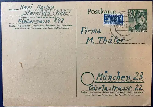 All. Bes. Franz. Zone Rheinland-Pfalz 1949 Rundstempel (Datum und/oder Ort klar)