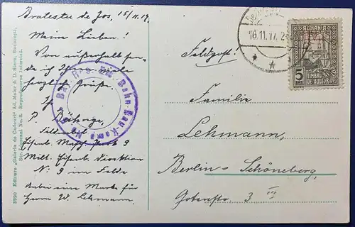 [Feldpostkarte] Salutari din Romania
Postkarte, Feldpost aus Rumänien, gelaufen mit Poststempel vom 16.11.1917 von Bratestu de Jos, Rumänien nach Berlin-Schöneberg.
Karte ist sehr gut erhalten. 