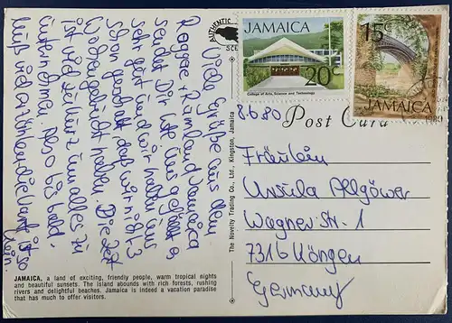 [Echtfotokarte farbig] Jamaika, Ocho Rios, gelaufen mit Poststempel vom 09.06.1980 von Jamaika nach Köngen, Baden Württemberg
Karte ist gut erhalten, Ecke links unten ist gestoßen. 
