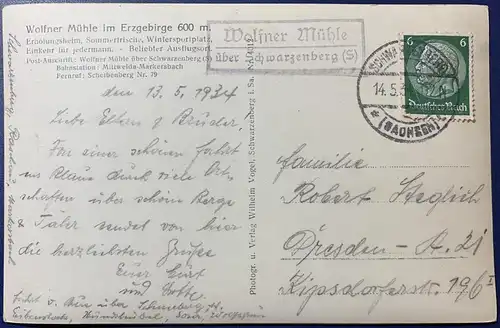 [Echtfotokarte schwarz/weiß] Wolfner Mühle im Erzgebirge, gelaufen von Wolfner Mühle über Schwarzenberg (Landpoststempel) nach Dresden, die Karte ist sehr gut erhalten, keine Beschädigungen. 