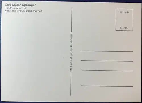 Autogrammkarte Carl-Dieter Spranger, Bundesminister für wirtschaftliche Zusammenarbeit a.D.