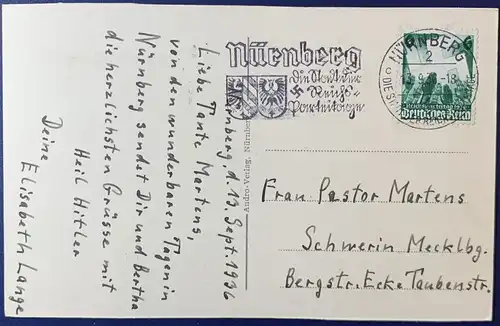 [Echtfotokarte schwarz/weiß] AK, Nürnberg, Heiliggeist-Spital, frankiert mit Deutsches Reich, Mi.Nr. 632, gelaufen mit Poststempel vom 13.09.1936 von Nürnberg nach Schwerin (Mecklenburg), die Karte ist sehr gut erhalten!. 