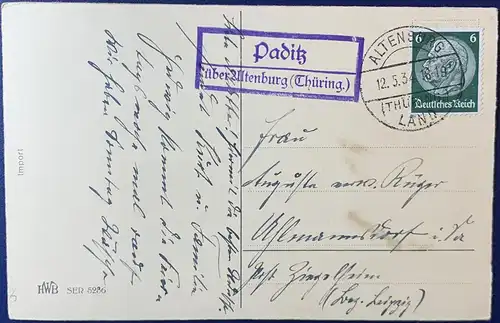 [Glückwunschkarte] Glückwunschkarte, Muttertag, gelaufen mit Poststempel vom 12.05.1934 von Paditz über Altenburg nach Uhlmannsdorf (Ziegelheim), sehr schöner Landpoststempel, die Karte ist sehr gut erhalten!. 