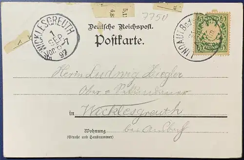 [Lithographie] "Gruss aus Konstanz" Landungssteg, gelaufen mit Poststempel vom 31.08.1897 von Lindau nach Wicklesgreuth b. Ansbach (Ankunftstempel 01.09.1897), Karte ist sehr gut erhalten, saubere Stempel. 
