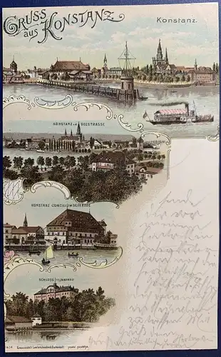 [Lithographie] AK, "Gruss aus Konstanz", Karte ist mit Poststempel vom 23.07.1897 von Lindau nach Dachau gelaufen, saubere Stempel, darunter auch zwei Schiffspoststempel. 
Die Karte wurde an den Rändern beschnitten, ansonsten sehr gute Erhaltung. 