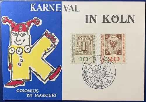 [Künstlerpostkarte reproduziert] AK, Karneval in Köln "Colonius ist Maskiert", frankiert mit Mi.Nr. 310/311, ungelaufen, entwertet mit Sonderstempel vom 28.02.1960.
Sauberer Stempel, Karte ist sehr gut erhalten. 