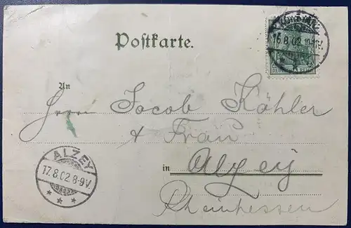 [Lithographie] AK, "Gruss aus Konstanz", gelaufen mit Poststempel vom 16.08.1902 von Konstanz nach Alzey (Ankunftstempel 17.08.1902), Stempel gut lesbar.
Leichter Knick oben rechts, ansonsten gute Erhaltung. 