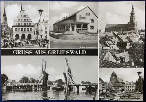 [Echtfotokarte schwarz/weiß] AK, "Gruss aus Greifswald", gelaufen mit Poststempel vom 25.05.1973 von Greifswald nach Flensburg, Karte ist sehr gut erhalten. 