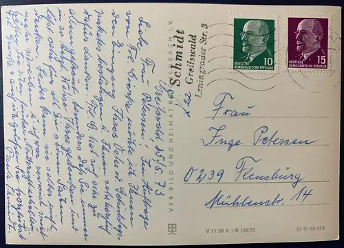 [Echtfotokarte schwarz/weiß] AK, "Gruss aus Greifswald", gelaufen mit Poststempel vom 25.05.1973 von Greifswald nach Flensburg, Karte ist sehr gut erhalten. 